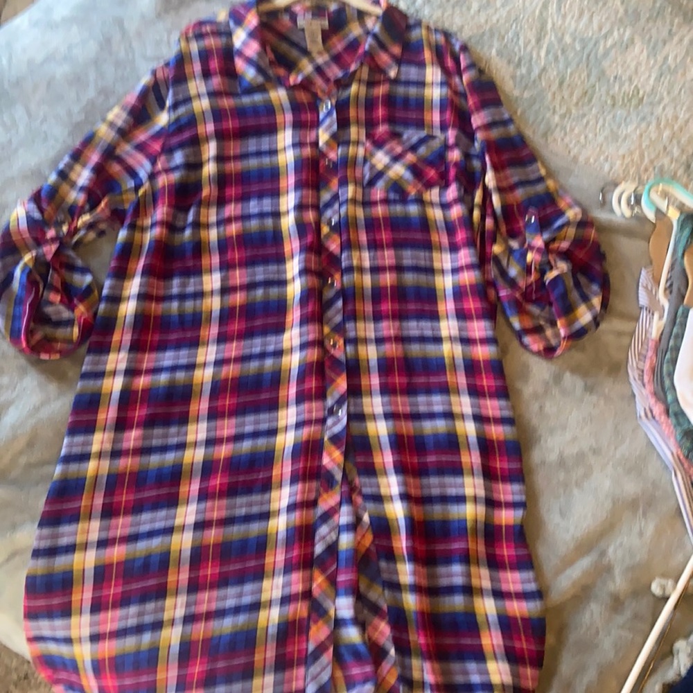 Sheer Plaid 3/4 Sleeve Knee-length Tunic